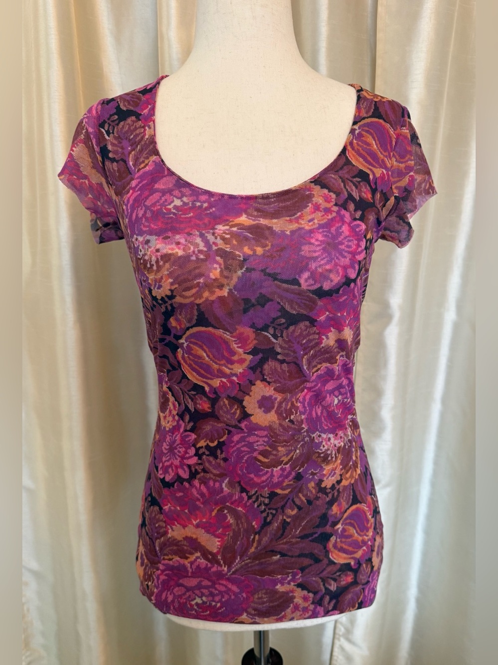Sweet Pea Mesh Floral Scoop Neck Top - Purple Pink Abstract, Size M EUC